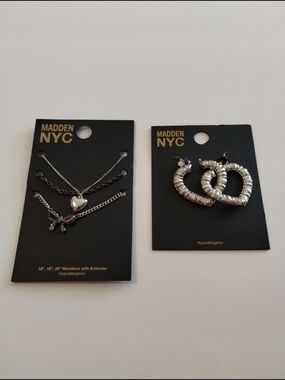 Madden NYC Silver Heart & Bow 3 Pc Layered Necklace & Textured Hoop Earrings Set